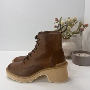 Sorel Hi-Line Heel Leather Lace Boots Brown, Tawny Buff NL4875-261 Women 9